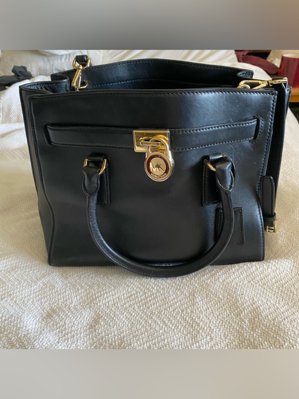 Michael Kors Black Leather Purse with Gold-Tone Lock